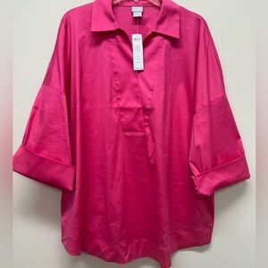 Chico's Women’s XL 3 Top Shirt 3/4 Sleeve V Neck Dolman Popover Pink Poplin